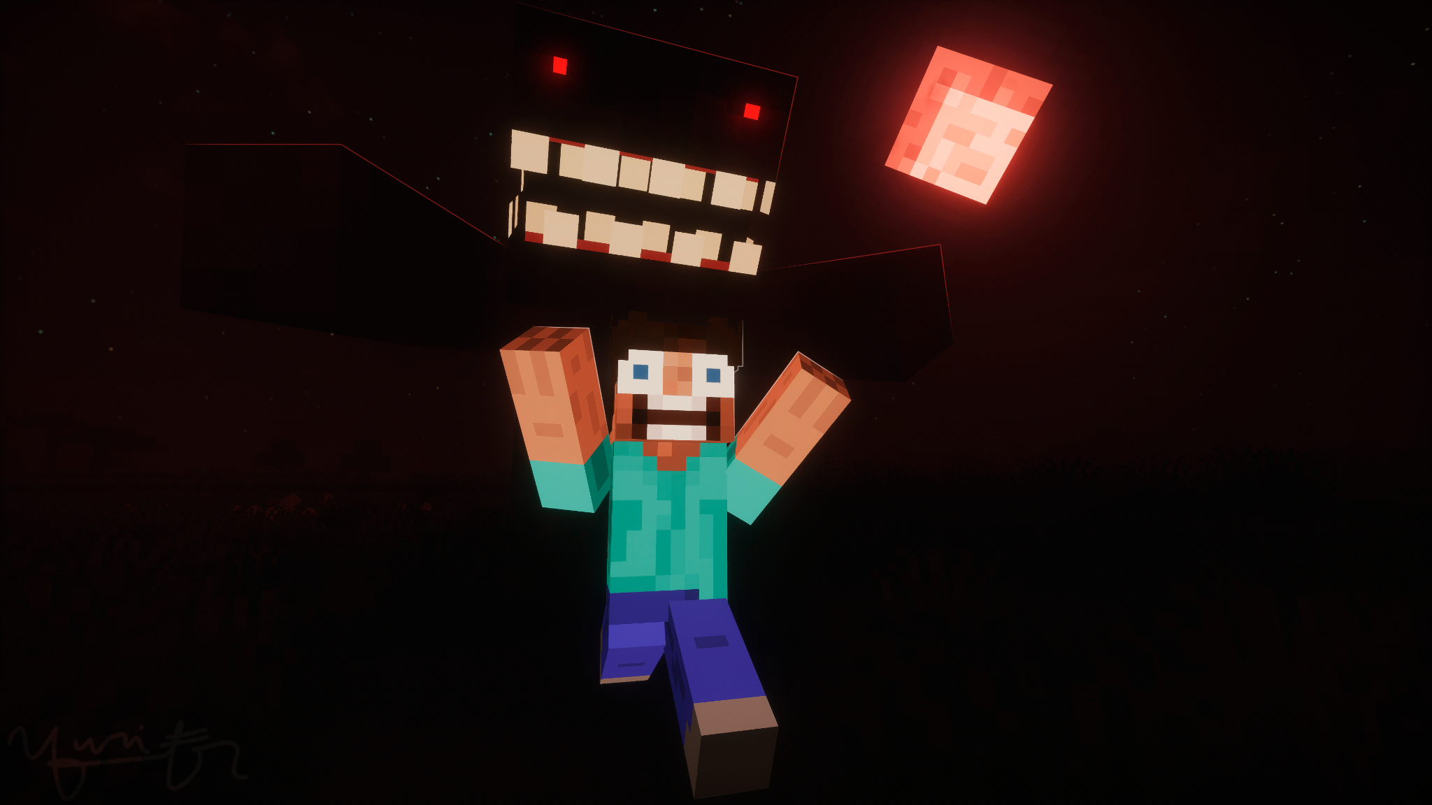Minecraft YouTube thumbnail with a cinematic monster scene